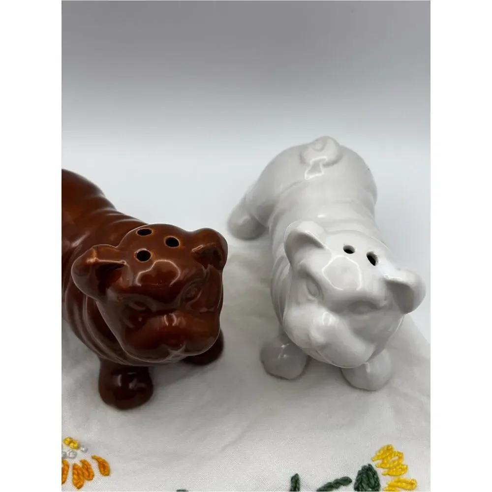 Ceramic Bulldog Salt & Pepper Shaker Set Brown & White Dog Kitchen Decor